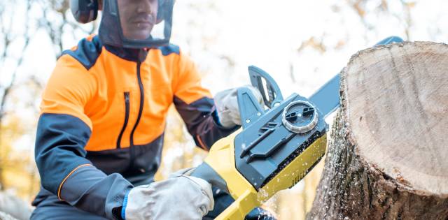 A man wearing a face mask, lightweight jacket, and gloves using a yellow chainsaw to cut apart a large log.