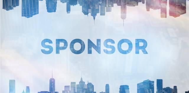 A city skyline with many skyscrapers is reflected in the sky. Between the two rows of buildings is the word "SPONSOR."