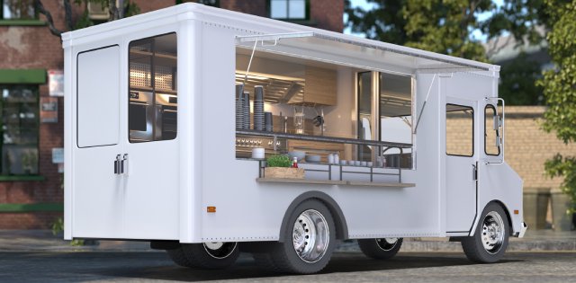 A white food truck sits curbside in front of a brick building. Its interior has shiny appliances and cups on the counter.