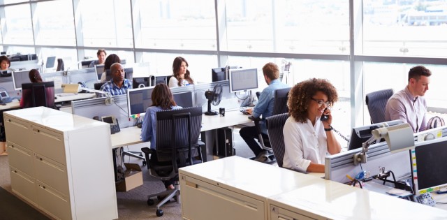 A group of employees sitting at their desks, typing on computers, and working in an open office environment.