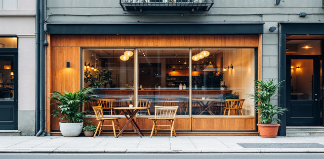 A large window shows a cafe's interior. Several potted plants sit outside around a small table with two chairs.